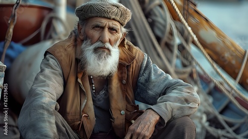 The drooping gaze of an old fisherman at sunset conveys the emotions of hard and long work, as well as moments of thoughtfulness and memories of the past.