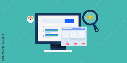 High value content on top ranking search results, helpful content with optimised website and user rating modern SEO strategy conceptual vector illustration.