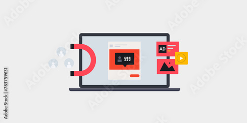 Visual social media post content marketing and sponsored advertising attracting more followers, audience views conceptual inbound strategy vector illustration.