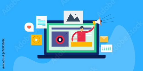 Digital marketing mix with different content strategy, business promotion and targeting new customer with ad campaign vector illustration web banner.