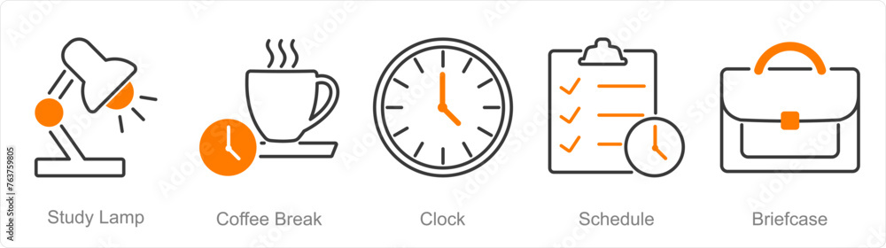 A set of 5 Office icons as study lamp, coffee break, clock A set of 5 Office icons as study lamp, coffee break, clock