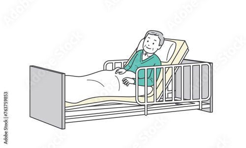 ベッドで横になる高齢男性と介護ベッドのイラスト