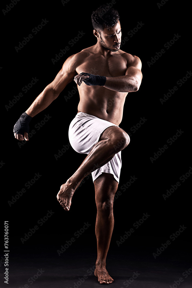 Man, boxer and fighter in studio for sports, fitness and warrior training on black background. Person, athlete and strong muscles for workout or exercise, health and ready for battle or competition Man, boxer and fighter in studio for sports, fitness and warrior training on black background. Person, athlete and strong muscles for workout or exercise, health and ready for battle or competition
