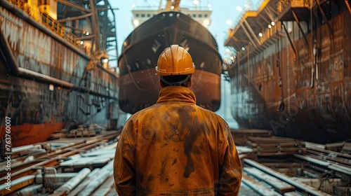 engineer from behind with ship in construction backgrounds