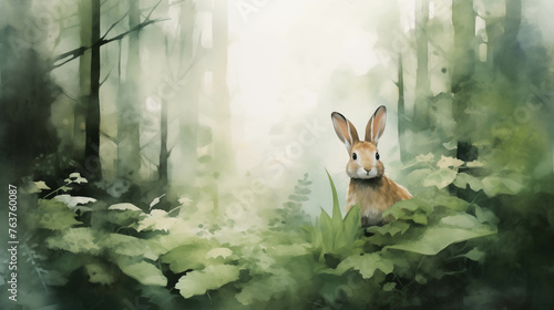 Watercolor painting of a rabbit in nature.