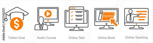 A set of 5 Online Education icons as tuition cost, audio course, online test