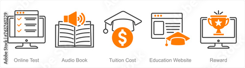 A set of 5 Online Education icons as online test, audio book, tuition cost