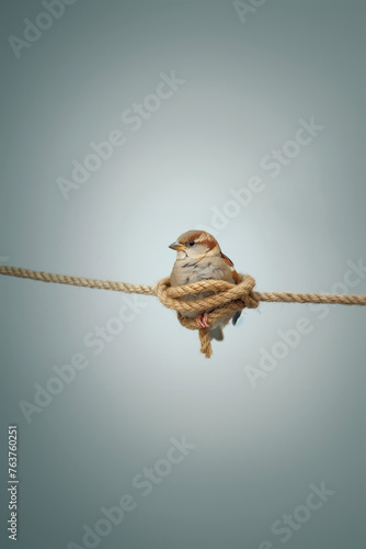 A bird with a rope wrapped around its body so tightly that it cannot fly photo