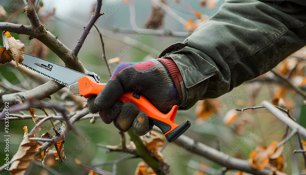 man hands with pruner cutting a tree branch on nature background man hands with pruner cutting a tree branch on nature background