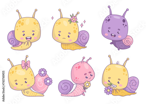 Funny snail kawaii character collection. Isolated cute insect with flower on white background. Cool vector illustration. Kids collection.