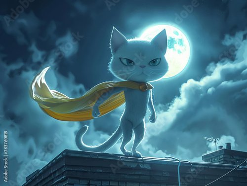 3D superhero cat with cape standing atop building photo