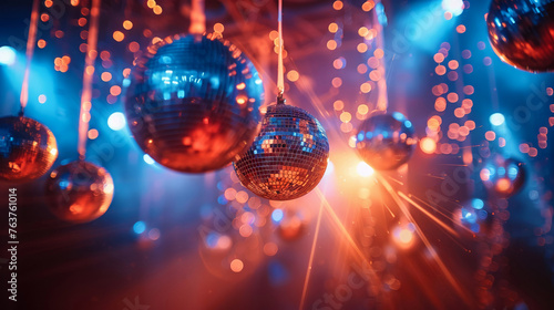 Night party ambiance with multiple disco balls, gleaming lights, festive celebration