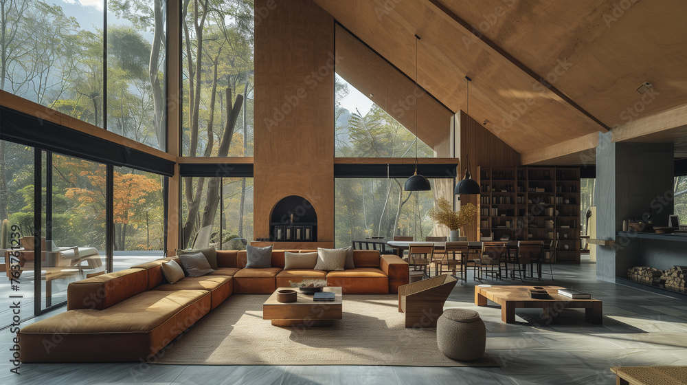 Modern Living Room with Forest View and Designer Furniture