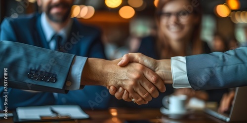 Confident business partners sealing successful partnership with a firm handshake in modern office setting © Bussakon