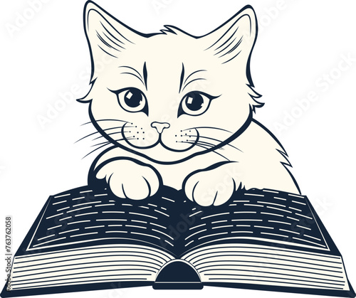White kitten reading book. Cute cartoon white kitten reading a book illustration.