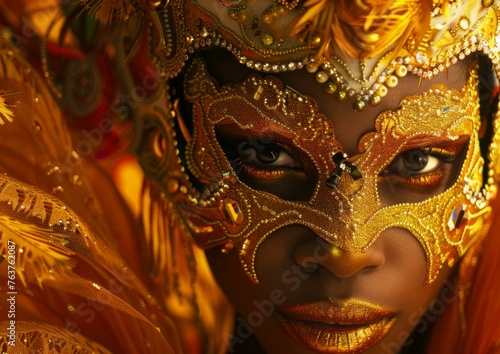 A close up of a woman in a gold mask and feathers. Generative AI. © Natalia