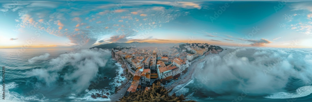 Naklejka premium A 360 degree panoramic view of a city and ocean. Generative AI.