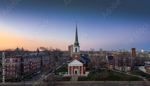 View of Midwestern town at sunrise early in spring