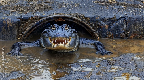 An alligator is seen in a sewer hole with its mouth open. Generative AI. photo