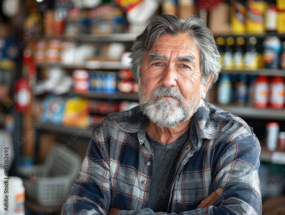 An older man with a beard and plaid shirt standing in front of shelves. Generative AI. An older man with a beard and plaid shirt standing in front of shelves. Generative AI.