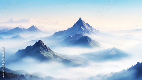 View from above of mountains covered in white clouds.