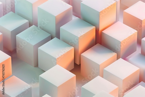 A picture of many white cubes under orange and pink and blue lights  3D rendered and minimal isometric  AI Gene.rated