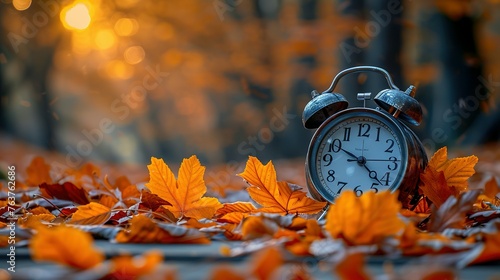 Daylight Saving Time. Alarm clock and orange color leaves on wooden table. Autumn time. Fall time change. Autumn leaves fall and winter approaches, the concept of daylight saving time photo