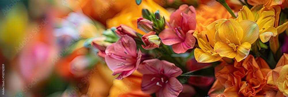 A close detailed photo of a bouquet of spring, summer, autumn flowers, a banner A close detailed photo of a bouquet of spring, summer, autumn flowers, a banner