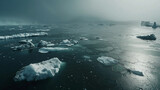 Icebergs in misty arctic waters.