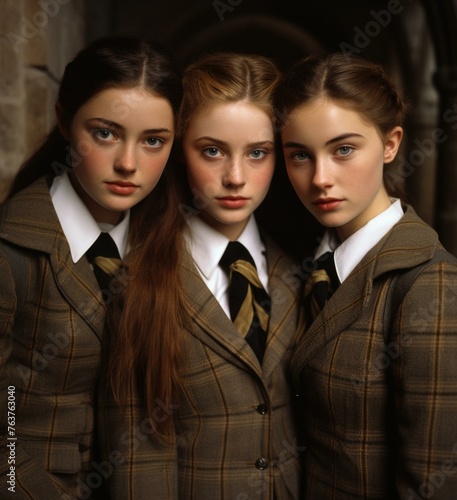 Three young women in school uniforms posing for a photo. Generative AI.