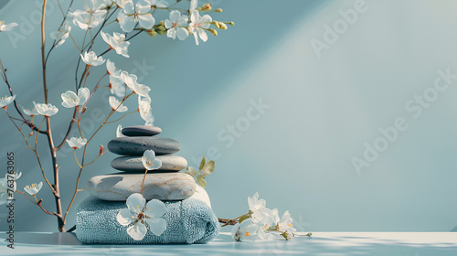 Spa still life with burning candles,zen stone and salt reflected in a serenity pool Spa still life with stack of stones and lavenders, Generative Ai photo