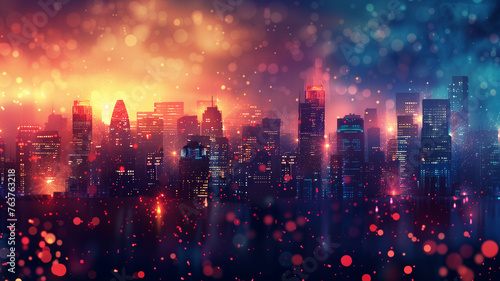 Vibrant cityscape with glowing lights.
