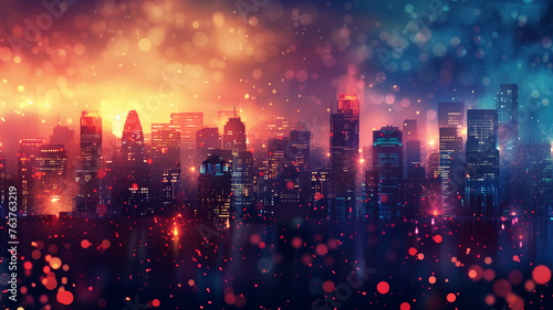 Vibrant cityscape with glowing lights.