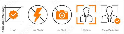 A set of 5 Photography icons as crop, no flash, no photo