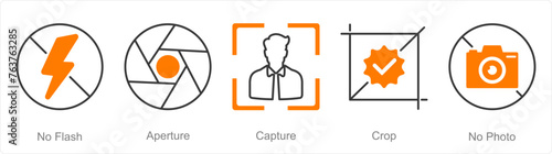 A set of 5 Photography icons as no flash, aperture, capture