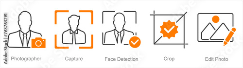 A set of 5 Photography icons as photographer, capture, face detection