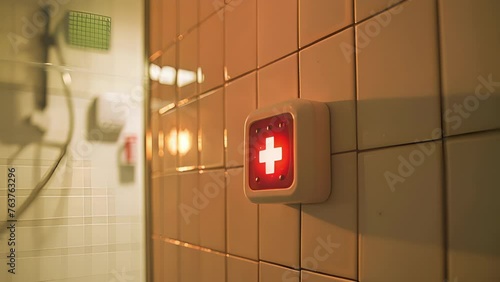 An emergency call button built into a bathroom wall with easytoread instructions for seniors to use in the case of a fall or other medical emergency. photo