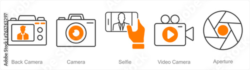 A set of 5 Photography icons as back camera, camera, selfie