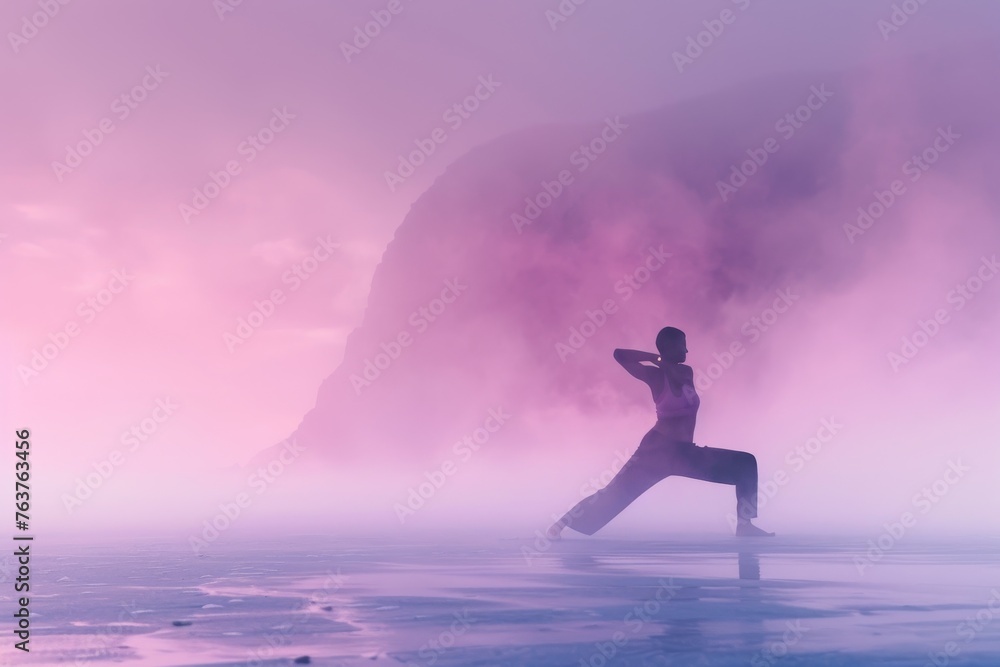Close-up of a yogi in a warrior pose on a misty beach at sunrise, their figure defined against the lightening sky. The beach merges into a mist that captures the first light, with colors of lavender.