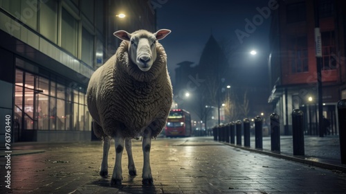 A sheep standing on a city street at night. Generative AI. photo