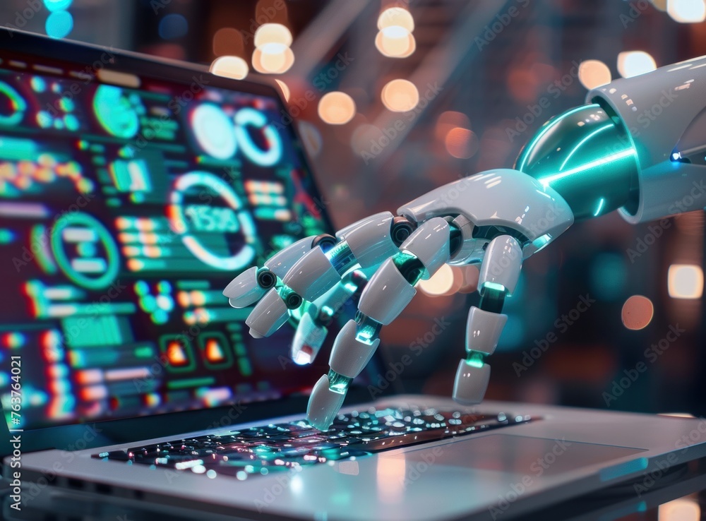 3D Rendering of an artificial intelligence robot hand working on a laptop with a digital screen