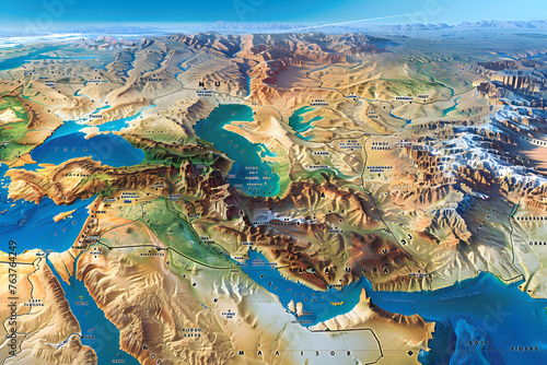 Comprehensive Geographic Map Illustration of Jordan - Includes Cities, Physical Topography, and Infrastructure photo