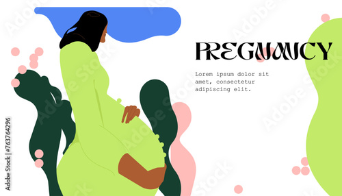 Happy pregnant woman holds her belly. Pregnancy resources type. Active well fitted pregnant female character. Happy pregnancy. Flat cartoon vector illustration.