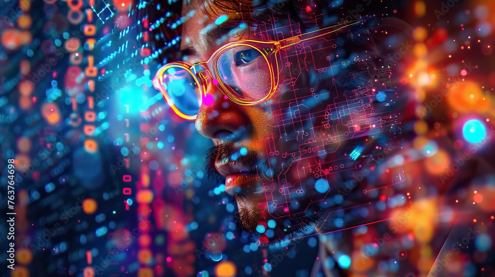 Futuristic man with cyber data visualization. Conceptual tech portrait for virtual reality, augmented reality, and digital identity