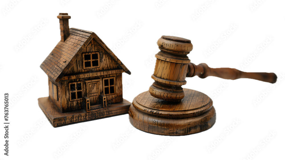 Wooden gavel and house model isolated on white background. Property law and real estate auction concept. png file of isolated cutout object on transparent background Wooden gavel and house model isolated on white background. Property law and real estate auction concept. png file of isolated cutout object on transparent background