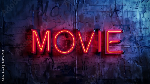 Neon MOVIE text on dark wall background