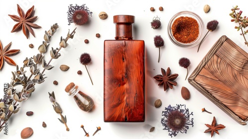 Top view of parfume bottle covered by brow leather with iris, spices, guaiac wood on white background