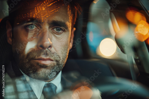 Pensive Man in Suit Reflecting on Rainy Drive © Thitiporn