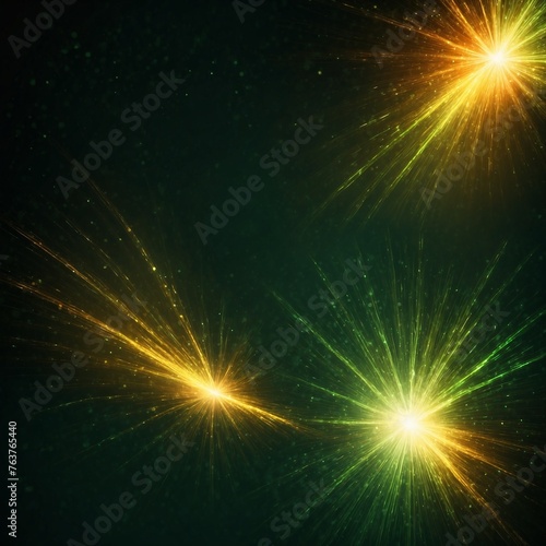 Asymmetric green light burst  abstract beautiful rays of lights on dark green background with the color of Orange and yellow  golden green sparkling backdrop with copy space.  