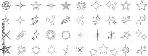Star outline collection, vector illustrations. Diverse styles of stars, hand drawn, geometric, abstract. Perfect for icons, decorations, logos. Black outlines on white background photo